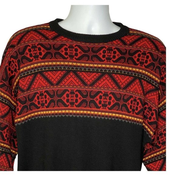 Vintage Demetre Ski Sweater Large Black Red Fair Isle Knit Wool Acrylic 90's - Picture 4 of 7